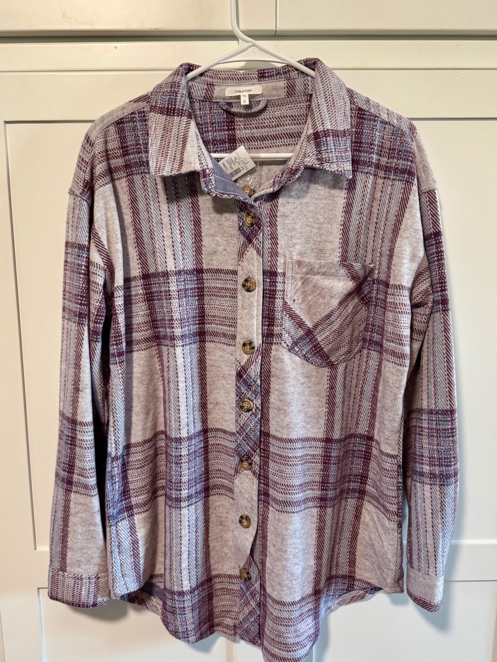 Maurices Plaid Button-Up Shirt/Shacket Purple, Grey & Burgundy